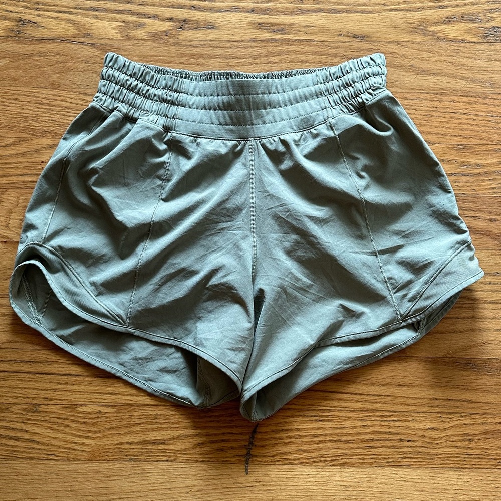 Lululemon 4” Hotty Hot Shorts, high rise, size 4 (small) in army green.